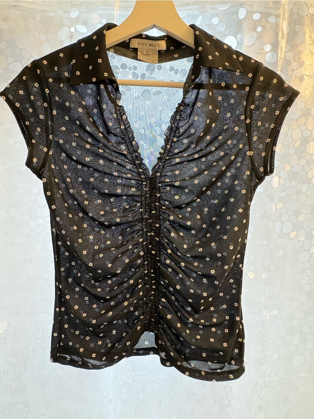 Nine West Black Polka Dot Ruched Short Sleeve Blouse